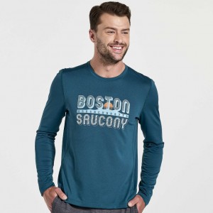 Saucony Stopwatch Graphic Long Sleeve Men's T-Shirt Blue | IRELAND JNRW