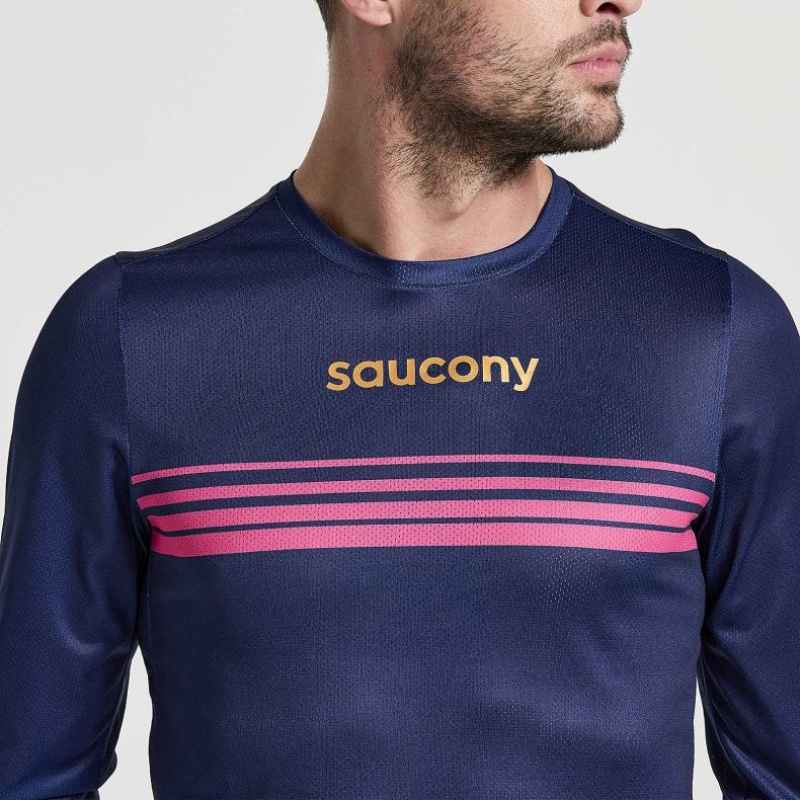 Saucony Elite Long Sleeve Men's T-Shirt Navy | IRELAND VMXB