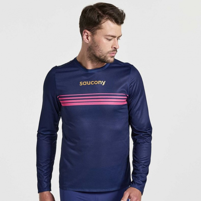 Saucony Elite Long Sleeve Men\'s T-Shirt Navy | IRELAND VMXB