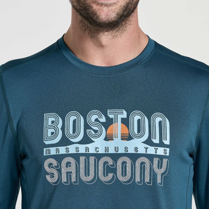 Saucony Stopwatch Graphic Long Sleeve Men's T-Shirt Blue | IRELAND JNRW