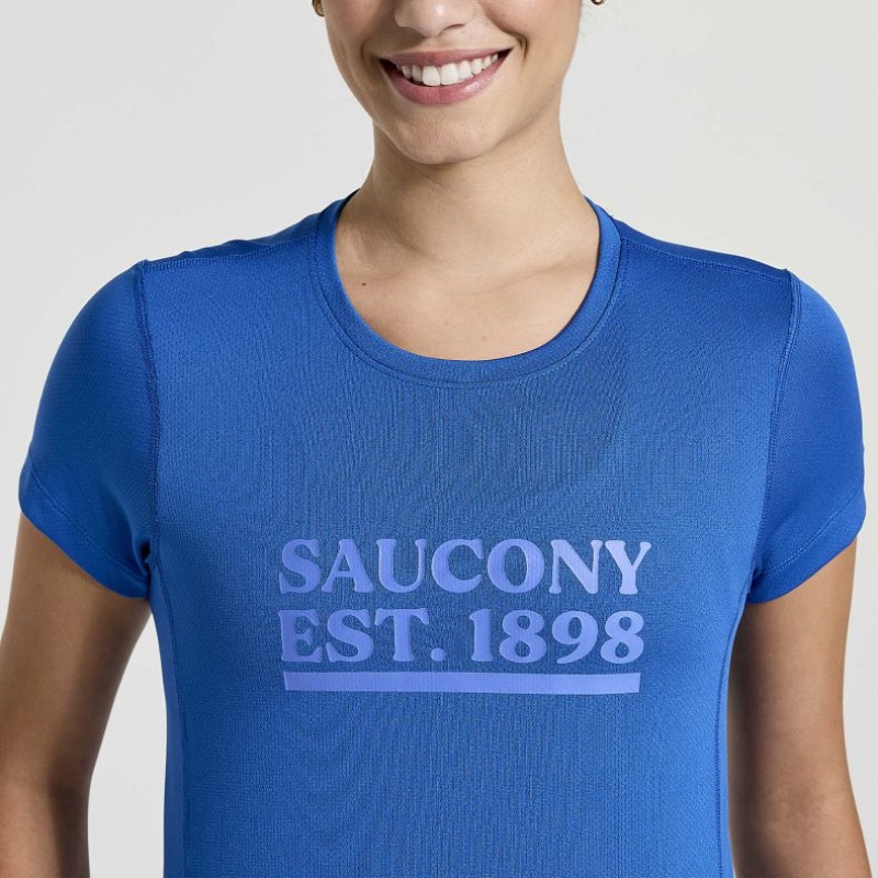 Saucony Stopwatch Graphic Short Sleeve Women's T-Shirt Blue | IRELAND MFKQ