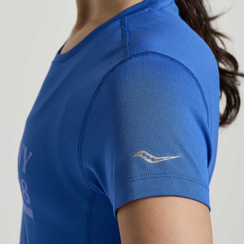 Saucony Stopwatch Graphic Short Sleeve Women's T-Shirt Blue | IRELAND MFKQ